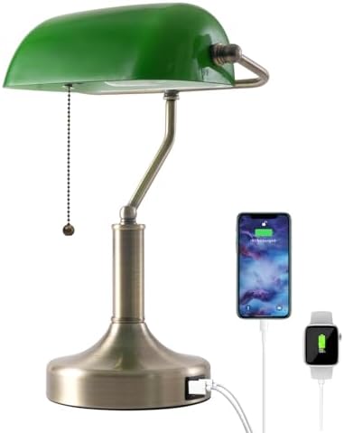 Banker Desk Lamp Green Glass, Antique Desk Lamps with Brass Base, Traditional Library Table Lamp with USB A and Type C Charging Port for Office, Study Room, Pull Chain Switch