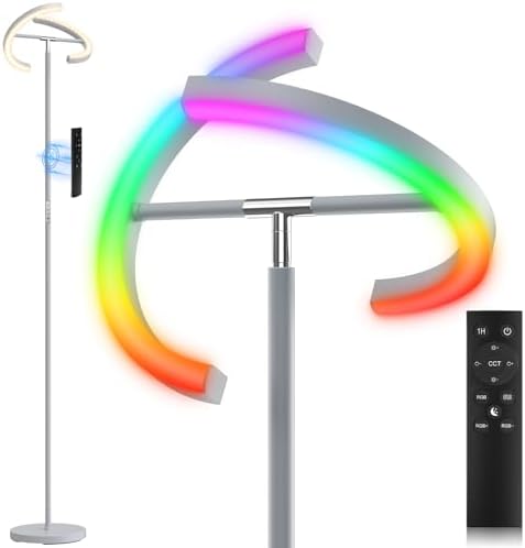 SIBRILLE Silver Gray RGBCW Floor Lamp, Bright Color Changing RGB Standing Lamp, Modern Stepless Dimmable LED Tall Lamp with Remote Control, 20W 3000-6000K Floor Lamps for Living Room, Bedroom, Office