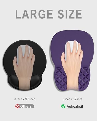 Auhoahsil Ergonomic Mouse Pad with Wrist Rest, Comfortable Slope Computer Mouse Mat with Wrist Support, Memory Foam Filling, Non-Slip Silicone Base, Pain Relief, for Gaming & Work, 8 x 12 in, Purple