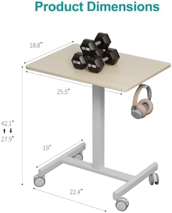 Mobile Desk on Wheels, Pneumatic Height Adjustable, Maple+White