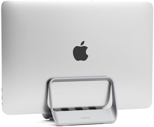 AFOOYO Vertical Laptop Stand with Gravity Locking – ABS Adjustable Laptop Holder Desktop Stand Compatible with MacBook, Surface, iPad, mini PC and More (Gray)