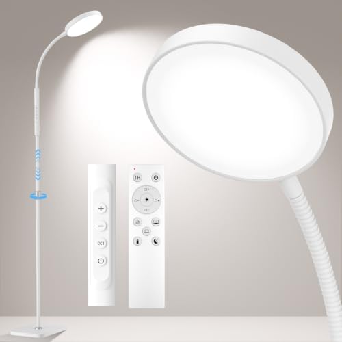 PACOVY Floor Lamp, Adjustable Height Floor Lamps for Living Room Bedroom, 252 LED Super Bright Standing Lamp Remote Control, Dimmable Gooseneck Tall Stand Reading Lamp Light for Office Craft, White