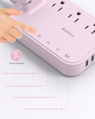 Addtam LED Desk Lamp, Power Strip with 3 Outlets 4 USB Charging Ports(2 USBC), 4 Modes 5 Level Brightness Touch Lamp, Small Desk Lamp for Home Office College Dorm Room Essentials, Pink