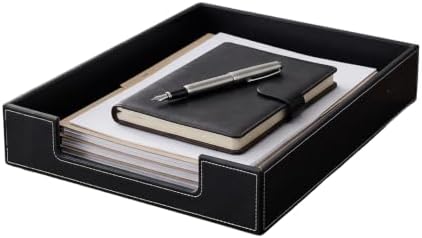 Black Leather Letter Tray, Desk Leather Organizer Tray for A4 Paper, Office Desktop Letter-Size Holder for File, Document, Mail & Magazine