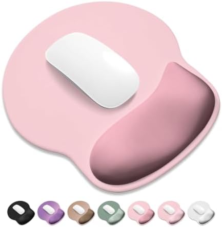 ITNRSIIET Ergonomic Mouse Pad with Wider Memory Foam Wrist Rest +17% - Curved Cushion Reduces Pressure 20%, Pain Relief, Non-Slip, Smooth, Cute Colors, 9.85 x 9 in, Pink Accent