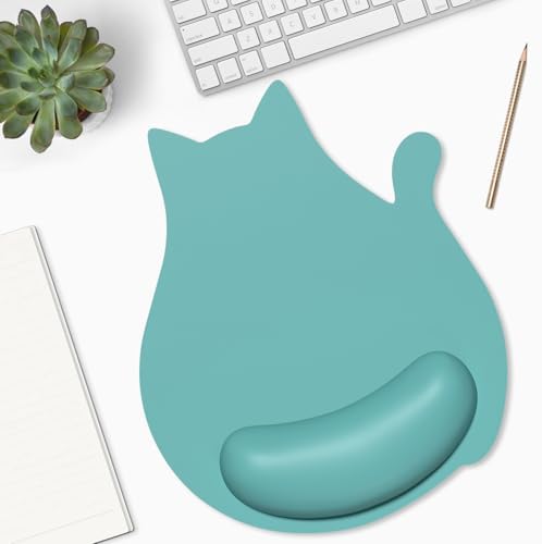 Ergonomic Mouse Pad with Wrist Rest, Cute Cat Memory Foam Padded Pain Relief Non-Slip Wrist Support Mouse Mat for Gaming Work Computer Laptop, Funny Office Supplies Desk Accessory, Green