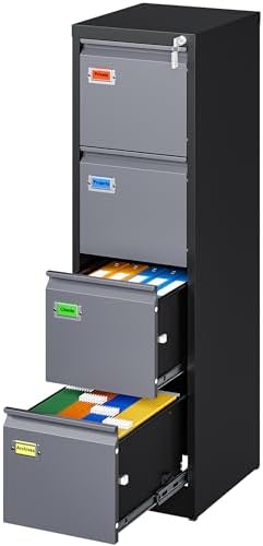 PEUKC 4 Drawer File Cabinet, Vertical Filing Cabinets with Lock, Metal File Cabinets for Home Office, Anti-Tip 4 Storage Drawers for Letter/Legal/A4/F4 Size (Assemble Required, Black)