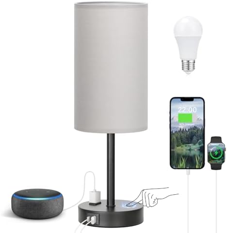 Fenmzee 17.4" Grey Lamp for Bedroom - Dimmable Touch, USB A+C, AC Outlet