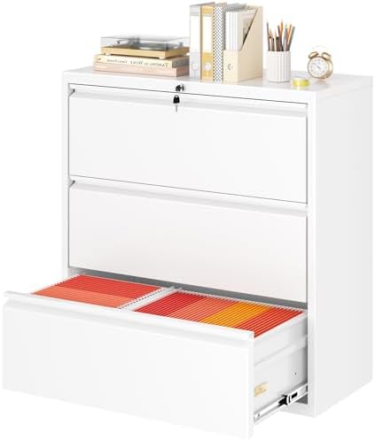 Superday Lateral File Cabinet 3 Drawer Metal File Cabinet with Lock, White Filing Cabinets for Home Office, Locking Filing Cabinets Hanging Files Letter/Legal/F4/A4
