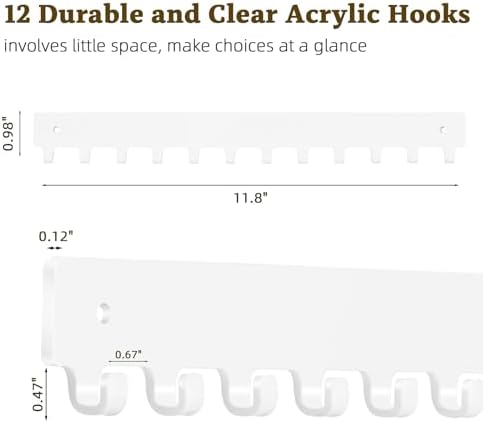 Acrylic Necklace Holder 2 Pack Wall Mounted Necklace Organizer Hanging Jewelry Organizer with 12 Hooks for Necklaces, Bracelets, Rings and Bangles Display（White）