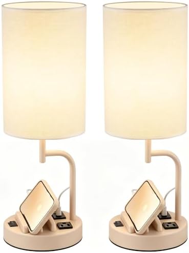 Dreamholder 2 Pack Table Lamp, Bedside Lamp with 3 USB Charging Ports & AC Outlet, USB Desk Lamp with 2 Phone Holders, Linen Fabric Shade Nightstand Lamps for Bedroom Living Room Office, Beige