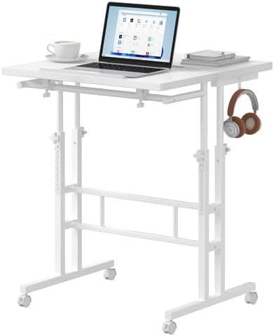 Simple Deluxe Split Top Rotating Standing Desk on Wheels – 23.6" Manual Adjustable Height Mobile Laptop Computer Table – Sit Stand Rolling Workstation with Tilt Function – White
