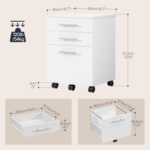HOOBRO 3-Drawer File Cabinet, Wooden Under Desk Filing Cabinet, fits A4/Letter Size for Home Office, Small Rolling Storage Drawer Chest, Printer Stand with Drawers, White WW02WJ01G1