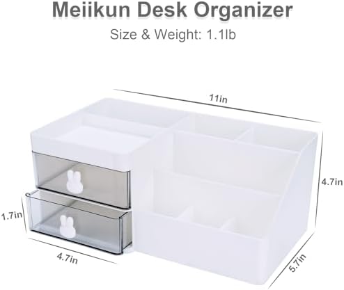 Meiikun Desk Organizer, Makeup Organizer with 2 Drawer, 7 Compartment & a Top Tray, Desktop Organizers and Storage for Women, Cute Home organization Bathroom, 11" x 5.7" x 4.7" (White)