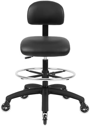 FSS Series Square seat Tall (25"-35") seat Height Chair. Vinyl-for Office, Garage, Desk, Shop, Computer, Doctor, Medical, Easy to Clean! 18" Footring (Black, Tall, Rubber Roller Casters)