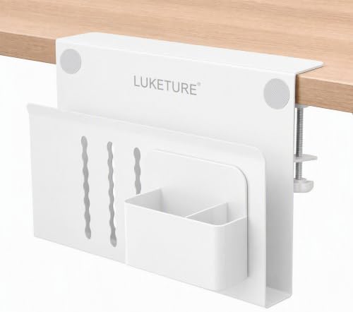 LUKETURE Desk Side Storage, No Drill Laptop Mount with Pen Holder, Clamp-On