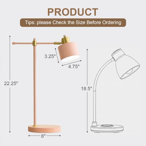 OYEARS 22.2" Modern Desk Lamp, Metal Table Lamp with LED Bulb, Adjustable Reading Lamps for Living Room, Mid Century Task Lamp for Home Office, Industrial Bedside Lamps with Solid Base, Pink