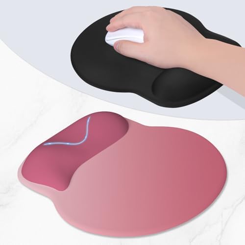 ITNRSIIET Ergonomic Mouse Pad with Wider Memory Foam Wrist Rest +17% - Curved Cushion Reduces Pressure 20%, Pain Relief, Non-Slip, Smooth, Cute Colors, 9.85 x 9 in, Pink