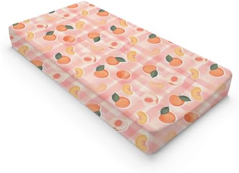 Summer Peaches Leaves Checkered Pattern Baby Changing Pad Cover, Unisex Fruits Nursery Diaper Changing Table Pad Mat Sheet for Boys Girls-16x32