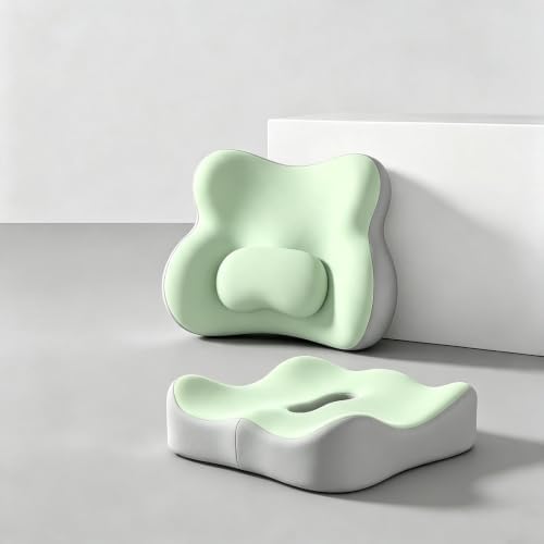 Upgraded Large Ergonomic Memory Foam Seat & Lumbar Cushion Set, 2‑Piece Support Chair Pad, Tailbone Pressure Relief for Office Desk Home Chair, Washable Cover(Green)