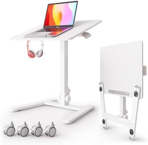 Monomi Mobile Folding Desk, Metal Furniture Small Sit-Stand Height Adjustable Rolling Laptop Desk, Space-Saving Portable Desk with Wheels for Home Office Craft & Study, White