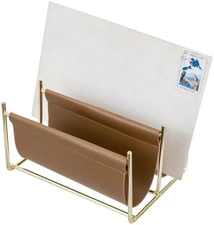 MyGift 2 Slot Modern Mail Holder, Deluxe Brass Tone Metal and Toffee Brown Leatherette Sling Entryway or Desktop Tabletop Letter Sorter
