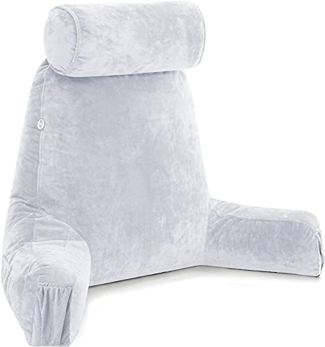 Husband Pillow Medium Reading Pillow with Arms - 23" Backrest for Sitting Up in Bed - Firm Support Bed Rest Pillow for Adults, Neck Roll, Removable Cover - TV, Reading, Lounging - Light Grey