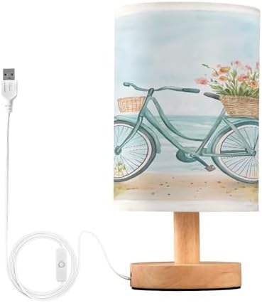 Bedside Lamp Bike Bicycle Flower Coast Table Lamp for Bedroom LED Nightstand Lamp Shade USB Ports Wood Base for Living Room Dorm Office