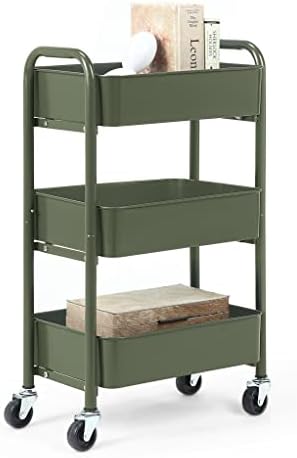 SunnyPoint 3-Tier Delicate Compact Rolling Metal Storage Organizer - Mobile Utility Cart Kitchen/Under Desk Cart with Caster Wheels - Army (15.35" X 10.24" X 26.8"H)