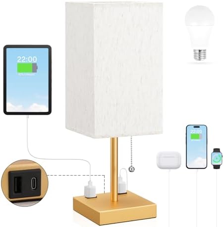 Gold Bedside Lamp for Bedroom - 3 Color Temperatures, USB A+C, 2 AC Outlets