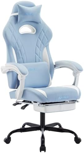 Gaming Chair with Footrest and Massage Lumbar Support, Ergonomic Computer Gamer Chair, Office Video Game Chairs (Cyan White)