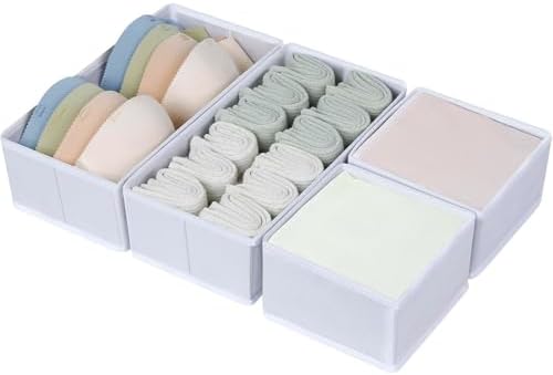 DIMJ Drawer Organiser System, Drawer Organiser, Foldable Storage Box, Fabric, Drawer Inserts for Wardrobes, Wardrobe Organiser for Trousers, Clothes, Set of 4, White