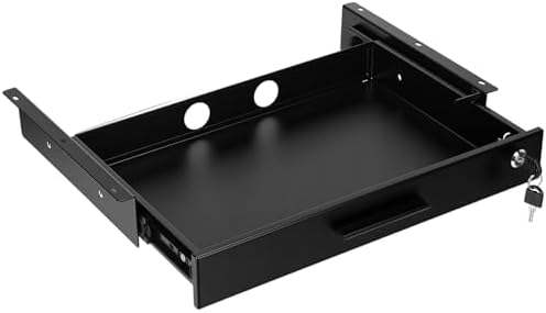Menkxi 18'' x 12'' Under Desk Drawer Slide Out Storage Organizer, Lockable Metal Desk Drawer for Laptop and Office Accessories, Large Hidden Under Table Storage Box with Cable Management, Black