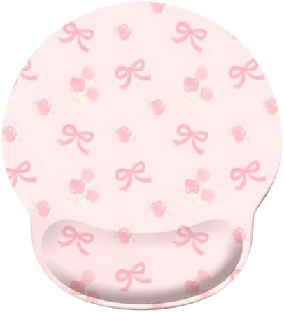 Seorsok Pink Ribbon Bow&Blooming Rose Mouse Pad with Gel Wrist Support Mouse Pad,Ergonomic Aesthetic,Comfort Mousepad for Office Work Computer,Pain Relief Mousepad with Non-Slip Silicone Base,Pink Bow