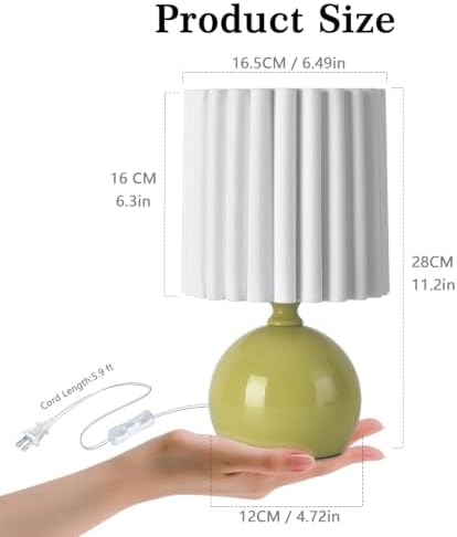 Ziqqeelam Green Small Table Lamp with Scalloped Linen Shade, Mini Green Table Lamp for Bedroom Nightstand, Cute Desk Night Light for Living Room, Bookshelf, Kitchen Counter, Kids Room, Office