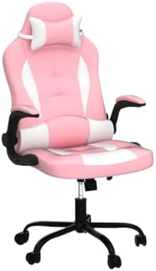 Pink Gaming Chair for Girls & Adults - Ergonomic High Back Office Desk Chair with Adjustable Lumbar Support, Flip-Up Arms & Headrest - PU Leather Swivel Computer Task Chair for Kids & Teens