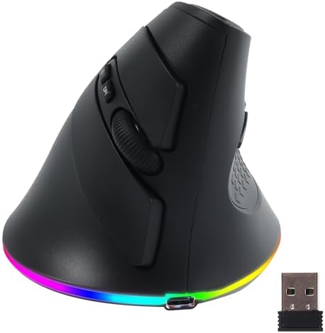 Wireless Mouse, Vertical Ergonomic Mouse 2.4G Bluetooth Dual Mode 3 DPI Rechargeable Connect Multiple Devices Vertical Mouse 6 Buttons and RGB Lights Suitable for PC Laptop Computer(Black)