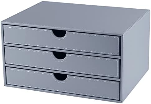 Leather Desk Organizer with 3 Drawers/Tray, Executive Office Supplies Desktop Filing A4 File Cabinet/Holder, Stackable Storage Box Grey (Gray)