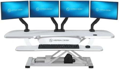 VERSADESK PowerPro 48 Inch Electric Standing Desk Converter – Push-Button Height Adjustable Sit to Stand Desk Riser for Multiple Monitors – Motorized Desktop Workstation with Wide Keyboard Tray, White