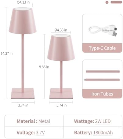 UME 3 Pack Cordless Table Lamp, Battery Operated Lamp - Portable Waterproof Rechargeable Table Lamp w/ 3 Color Temps & Stepless Dimming for Dinner, Desk, Cafe, Outdoor (Pink)