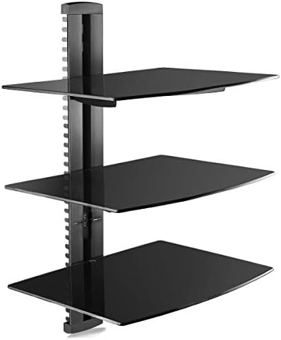 suptek 3 Floating Shelf Wall Bracket with Strengthened Tempered Glass for DVD Players/Cable Boxes/Games Consoles/TV Accessories, 3 Shelves, Black, CS303