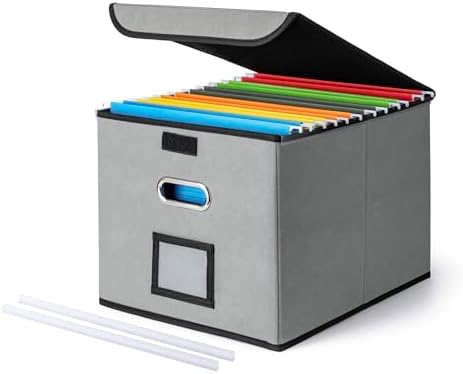CADONO File Organizer Box with Lid, Large Hanging File Folder Organizer with Plastic Slide, Collapsible Portable Filing Storage Boxes for Office/Decor/Home (Grey, 14.9 x 12.59 x 10.8 inch)