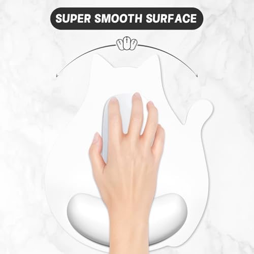 Ergonomic Mouse Pad with Wrist Rest, Cute Cat Memory Foam Padded Pain Relief Non-Slip Wrist Support Mouse Mat for Gaming Work Computer Laptop, Funny Office Supplies Desk Accessory, Ivory White