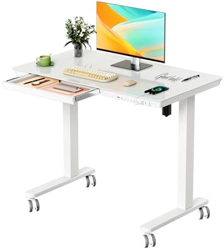 35" Electric Standing Desk with Drawer, One-Piece Glass Top