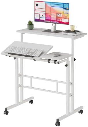 VECELO Mobile Small Standing Desk Adjustable Height, Computer Workstations with Tiltable Tabletop, Lockable Wheels, Portable Rolling Laptop Desk for Home Office, White