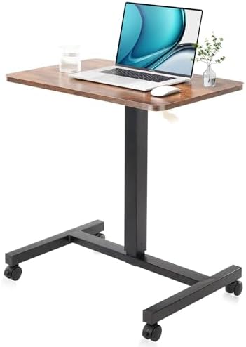 CLATINA Mobile Laptop Desk Pneumatic Sit to Stand Table Height Adjustable Rolling Cart with Lockable Wheels for Home Office Computer Workstation 28" x 19" Brown Round Edge Design Elegant