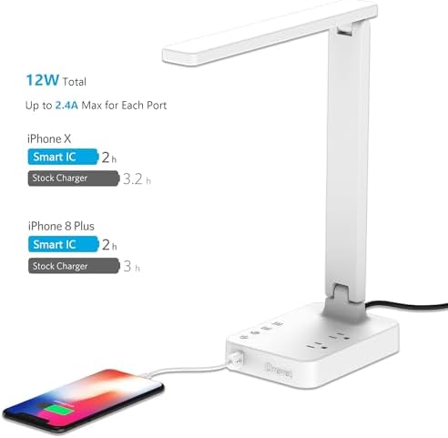 Drevet LED Desk Lamp, Desk Light with 1 USB Charging Port and 2 AC Power Outlet, 3 Lighting Modes, 3 Level Brightness,1H Timer, Touch Control, Eye-Caring Home Office Foldable Table Lamp (White)