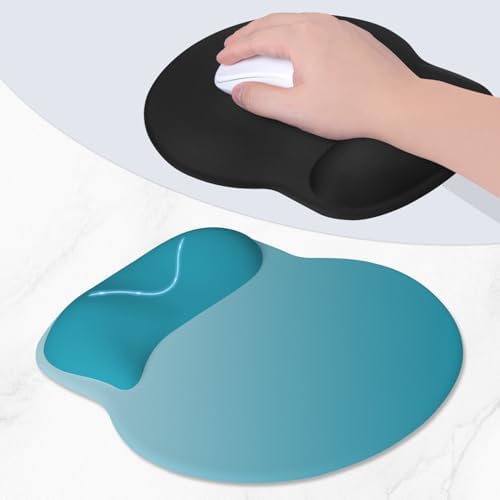 ITNRSIIET Ergonomic Mouse Pad with Wider Memory Foam Wrist Rest +17%, Curved Cushion Reduces Pressure 20%, Pain Relief, Non-Slip, Smooth, Cute Color Desk Accessory, 9.85 x 9 inch, Blue