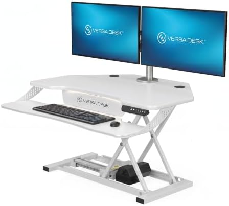 VERSADESK PowerPro Elite 36” x 31” Smart Corner Standing Desk Converter | Mobile App Adjustable Sit-Stand Desk Riser w/Keyboard Tray & USB & USBC Ports | for Home or Office - White