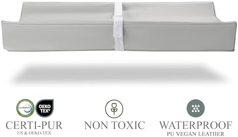 Vegan Leather Contoured Baby Changing Pad | Waterproof & Wipe-Clean PU Leather Diaper Change Mat, Soft, Wipeable Cover, Safety Strap, Non-Slip Bottom, Topper for Standard Infant Diaper Table & Dresser